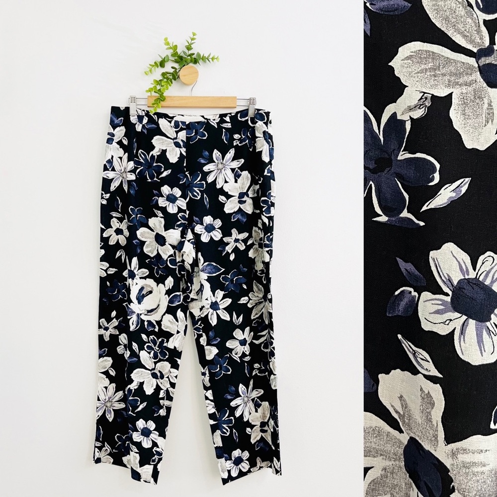 First Option Linen Blend Black Floral Cropped Lagenlook Pants